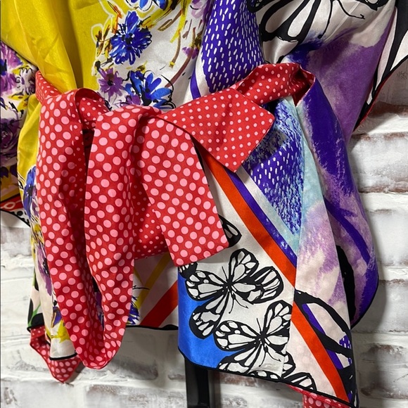 CAbi Asymmetrical Yellow and Purple Tie Front Blouse - Picture 3 of 6